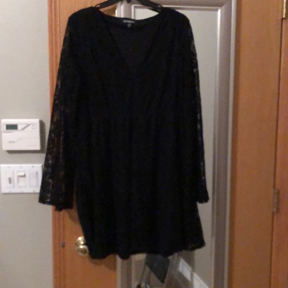 Black lace bell sleeve mini dress